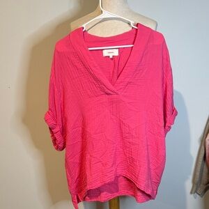 XiRENA Vivid Pink V-Neck Blouse 100% cotton